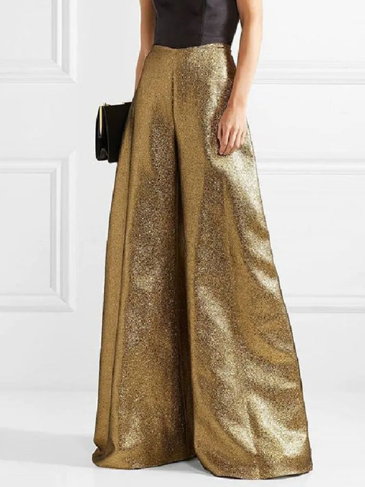 Women's Stylish Party Wear Pants Solid Gold High Waist A-line Wide Leg Pants Zippered Full-length Trousers