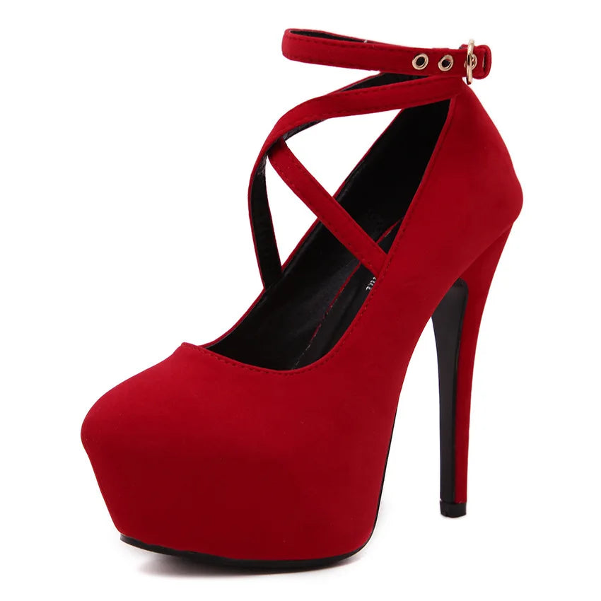 Super High Heels 14cm Platform Women Pumps Flock Cross Buckle Ladies Heels