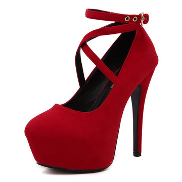 Super High Heels 14cm Platform Women Pumps Flock Cross Buckle Ladies Heels