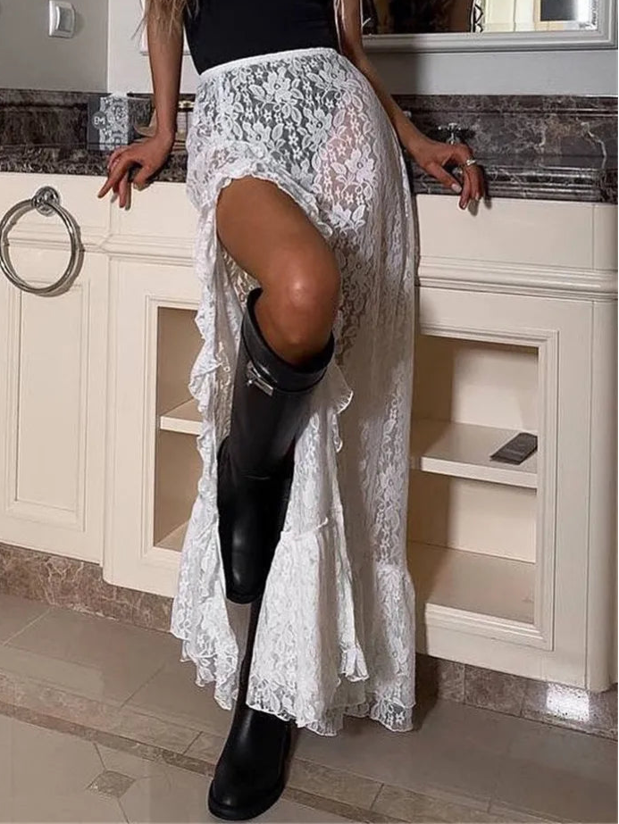 Lace Skirt Transparent Maxi Lace Skirts for Women Asymmetrical Ruffle Lace Skirt