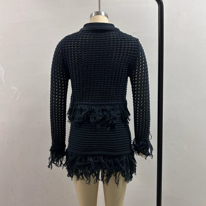 Vintage Women Knitted Hollow Out Tassel Mini Skirt Set Cardigan+Fringe Mini Skirt