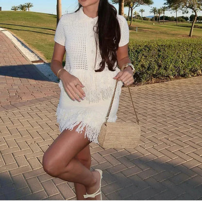 Knit Tassel Skirt Sets Women Hollow Out Lapel Single Breasted Short Sleeve Tops Mini Skirts