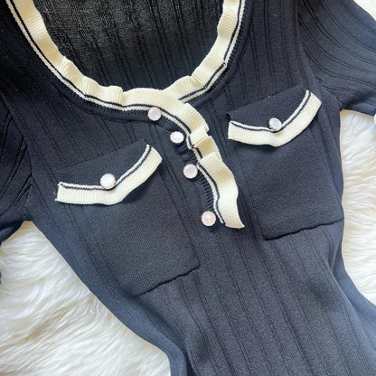 Chic Knitted Mini Dress Elegant Black Ruffled Party Dress