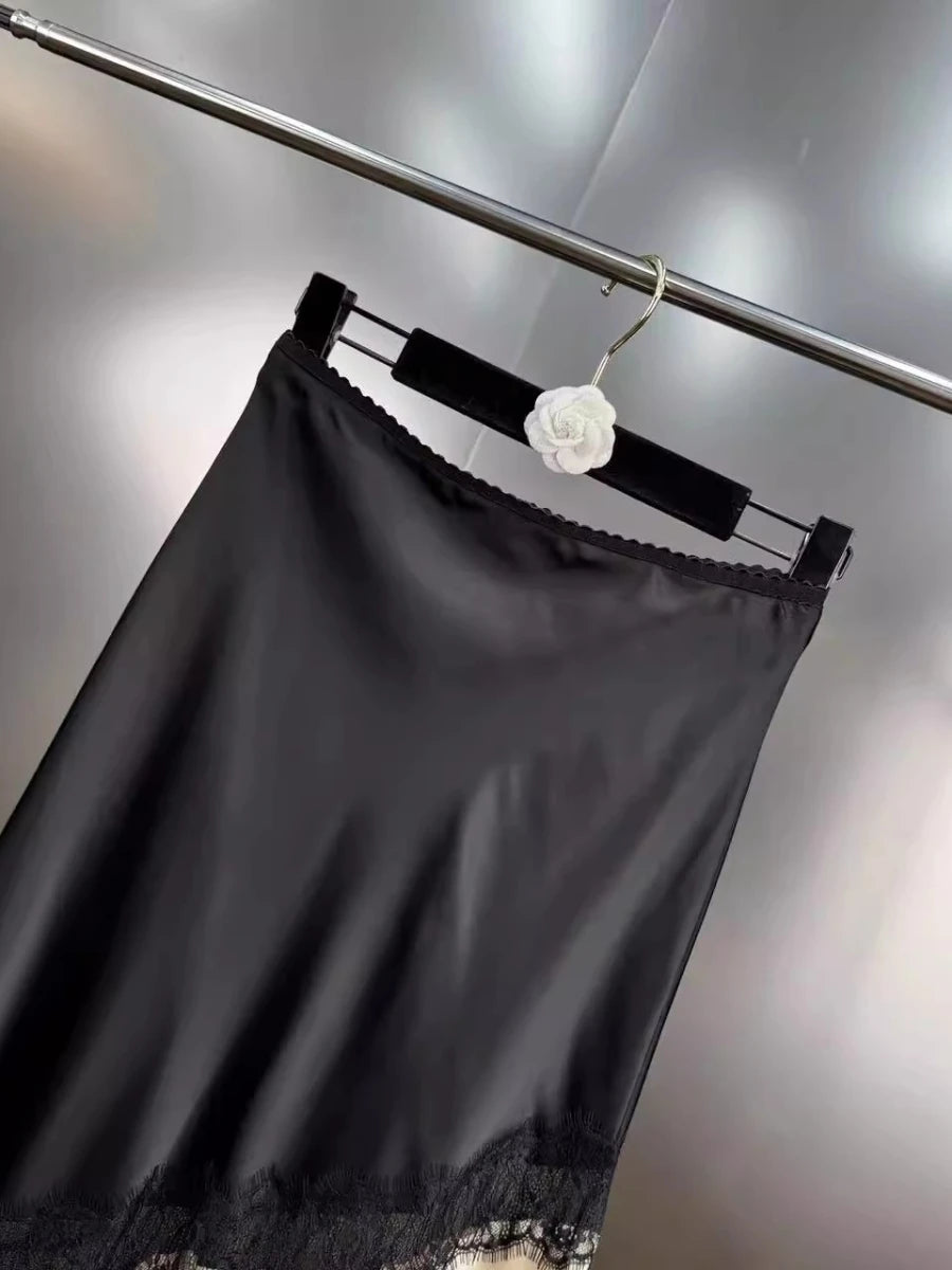 Sexy Asymmetrical Long Skirts Lace Hem Satin Skirt for Women