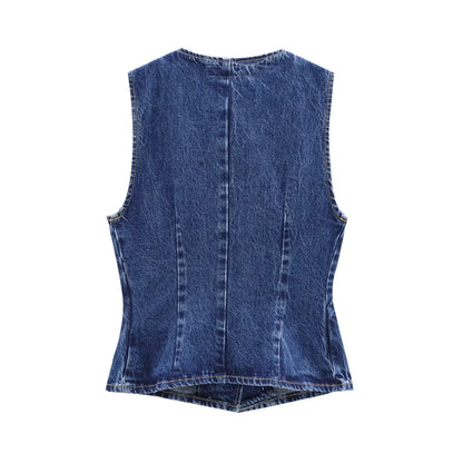 Women's Short Vest Blue Denim Vest Top Casual Cropped Sleeveless Top