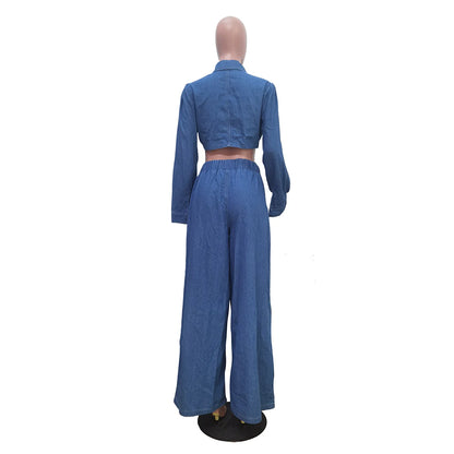 Denim Crop Top Tie Knot Shirt Cardigan + Wide Leg Loose Outfit Pants