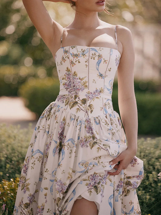 Floral Print Maxi Dress Elegant Spaghetti Strap Flare Maxi Dress