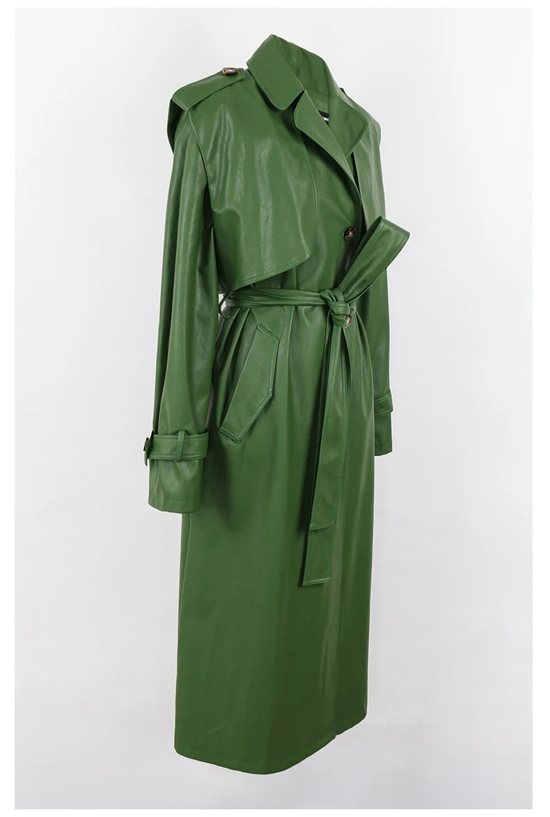 Long Green Pu Leather Trench Coat for Women with Back Slit Sashes Single Breasted