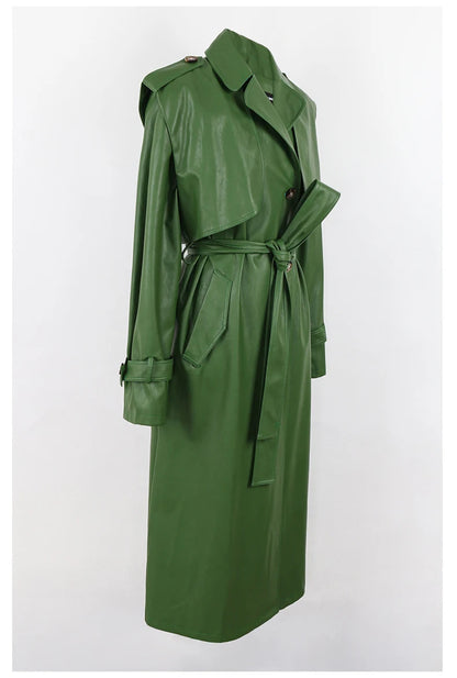 Long Green Pu Leather Trench Coat for Women with Back Slit Sashes Single Breasted
