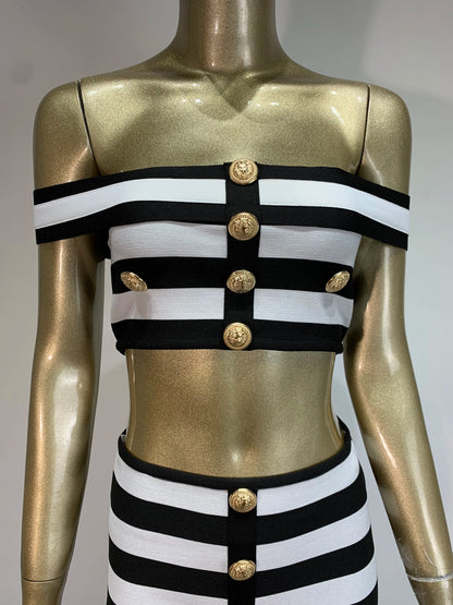 Women Off Shoulder Striped Button Two Piece Mini Bandage Skirt Set