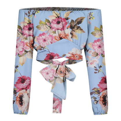 Women Sexy Off Shoulder Print Blouses Chic and Elegant Lantern Long Sleeve Cropped Top