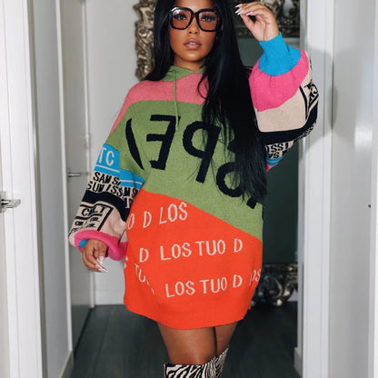 Autumn and Winter Hooded Drawstring Long Sleeves Color Matching Letters Loose Long Sleeves Women's Sweater Jumper