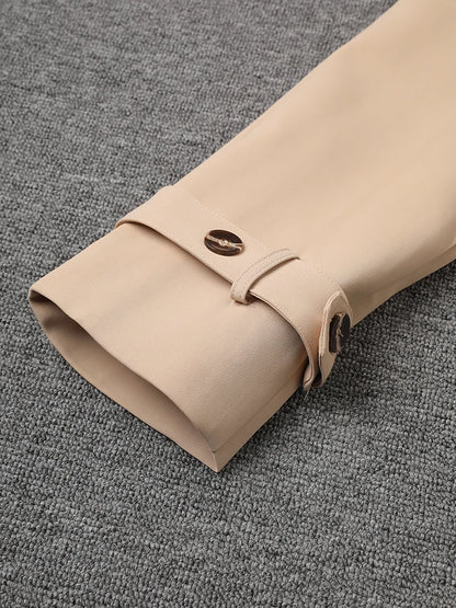 Women Khaki Pleated Elegant Trench New Lapel Long Sleeve Windbreaker Trench Coat