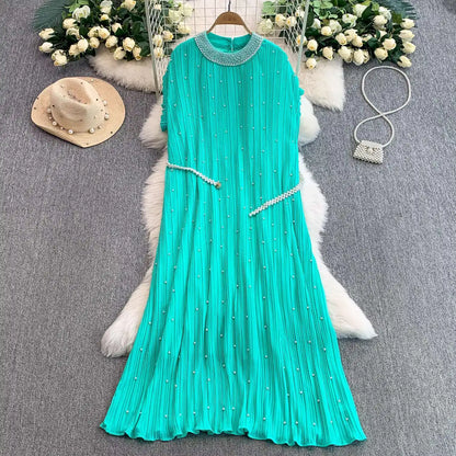 Summer Luxury Pearls Long Chiffon Dress For Women Loose Big Size Short Sleeve Crystal Birthday Evening Midi Pleated Dresses