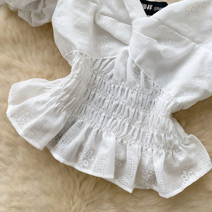 Jacquard Blouse Square Collar Puff Sleeves Elastic Slim Crop