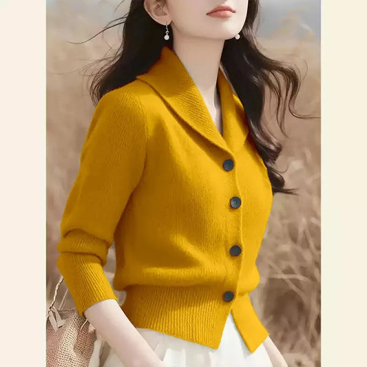 Turndown Collar High End Women Knit Cardigan Sweater Korean Knitwear Tops
