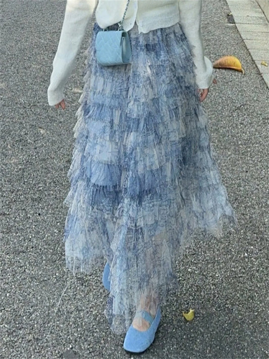 Elegant Floral Lace Maxi Skirt with High Waistband and Flowy Layers Skirt