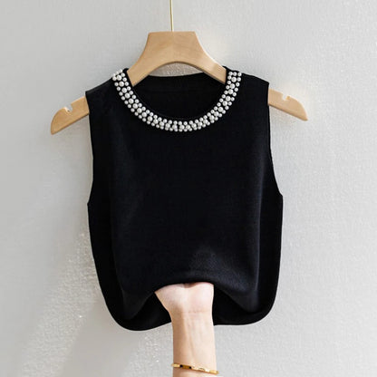 Knitted Sleeveless Beaded Casual Thin Tops