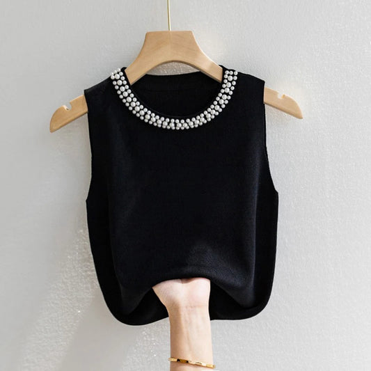 Knitted Sleeveless Beaded Casual Thin Tops