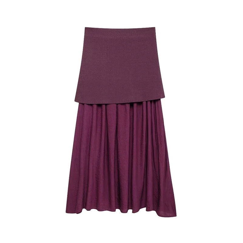 Knitted Patchwork Pleated Side Zipper Midi Skirt Vintage High Waist Female Chic Lady Skirts