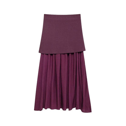 Knitted Patchwork Pleated Side Zipper Midi Skirt Vintage High Waist Female Chic Lady Skirts