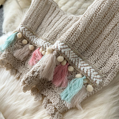 Bohemian Vintage Knit Two Piece Tank Tassels Crop Tops+Loose Hooked Hollow Out Skirt Beach Outfit