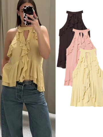 Summer Top Women Halter Blouse Ruffles Thin Casual Chic Tops