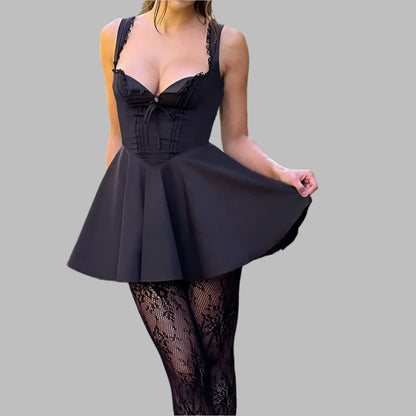 Sleeveless Lace Splicing Spice Slip Dress Slim Backless Ballet Pompadour Dress V-neck High-waisted Mini Dress