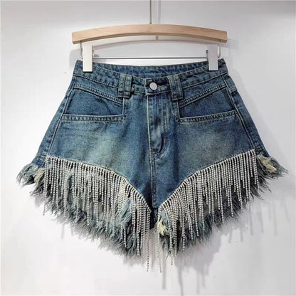 Denim shorts women's heavy industry rhinestone design high waist hot pants