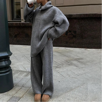Women Pant Sets Knitted Top Plain Trouser Suit Casual Loose Pant Sets