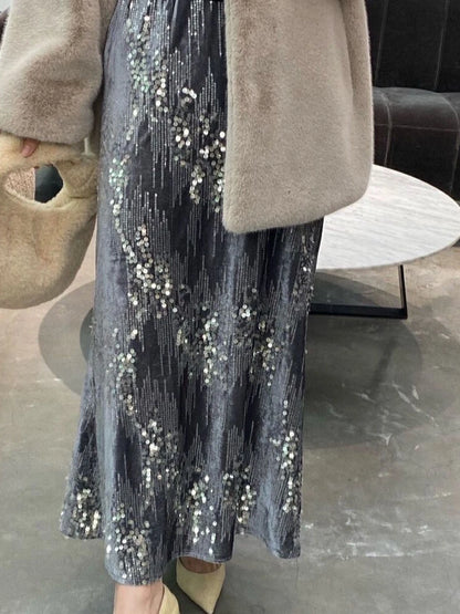 French Velvet Fishtail Skirt Sequin Beaded Embroidery Skirt