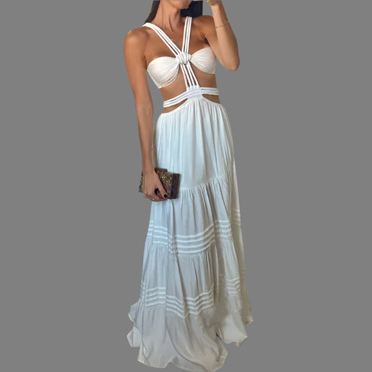Women Maxi Dresses Summer Fashion Sexy Solid Strap Sleeveless Backless Lace Up Hollow Out Pleated Beach Party Dress