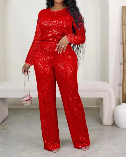 Casual Sequin 2 Piece Set Women Solid 2 Piece Outfit O Neck Long Sleeve Pants Suit