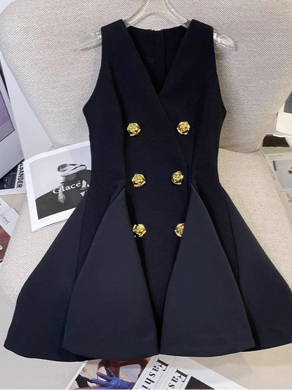 French Elegant Sleeveless A-Line Tunic Blouse Black Classic Gold Button