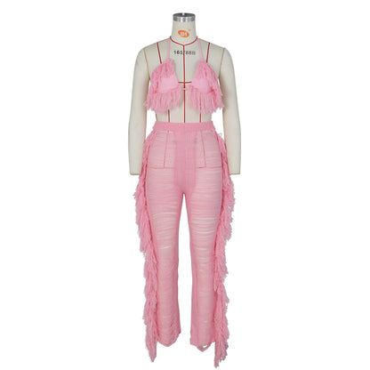 Tassel Knitted Pants Two Piece Set Resort Outfit Vacation Outfit Beach Cover Up