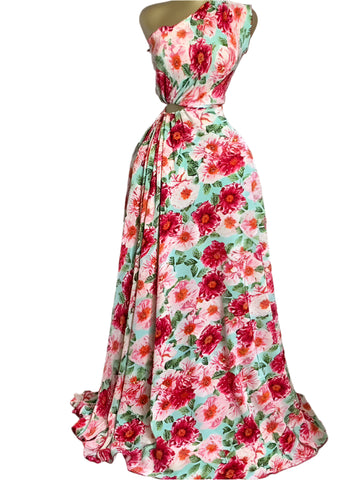 Women Floral Printed One Shoulder Skew Neck Cutout Waist Pleated Maxi Long Dress Birthday Outfit