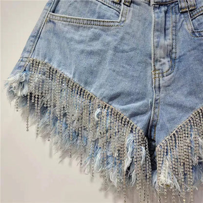 Denim shorts women's heavy industry rhinestone design high waist hot pants