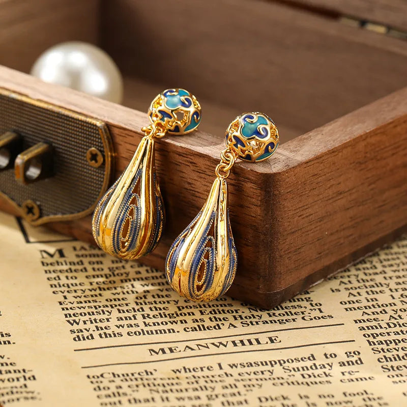 Light Weight Copper Carved Enamel Oil Drop Ethnic Style Retro Earrings for  Women