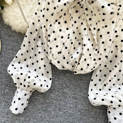 Vintage Polka Dot Tops Puff Sleeve Bow Lace Up Design Blouse