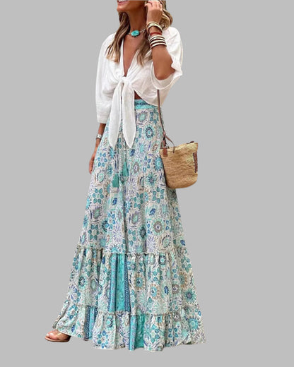 Bohemian Style Printed A-line Skirt Women Fashion Beach Vacation Loose Drawstring Ruffles Skirts Female  Summer New Streetwear
