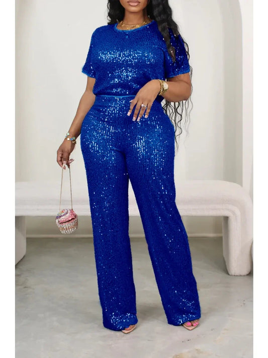 Casual Sequin Two Piece Set for Women Solid Short Sleeved Tshirt Wide Leg Pants Two Piece Set