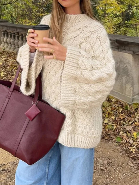 Oversize Thick Kink Sweater Women Loose O Neck Long Wide Sleeves Knit Lazy Pullover