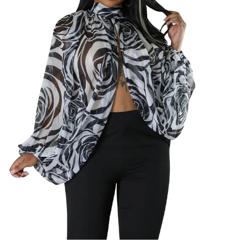 Womens Chiffon Blouse Sexy See Through Lantern Sleeve Front Back Open High Neck Blouses Tops