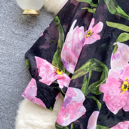 Floral Print Women Shirt Summer Lantern Sleeve Retro French Loose Blouse