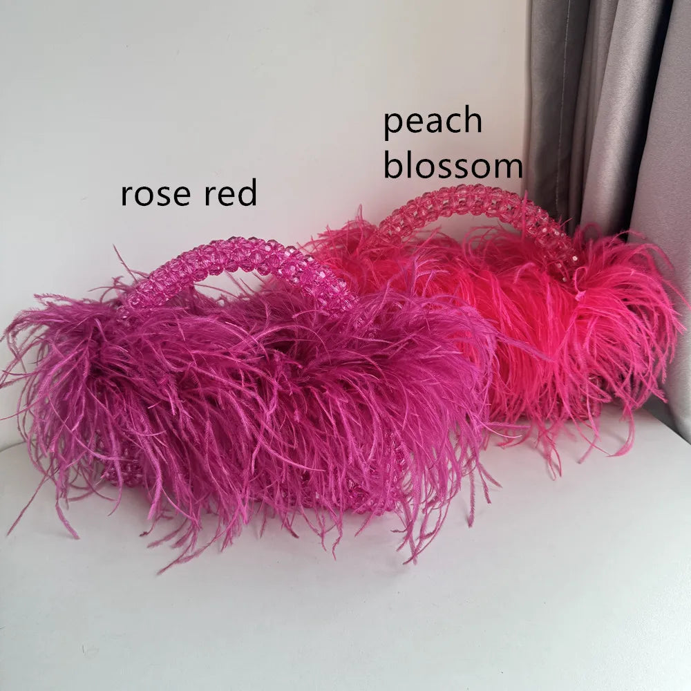 Pearl Bead Bag With Feather Fur Designer Brand Clear Acrylic Crystal Handbag Handmade