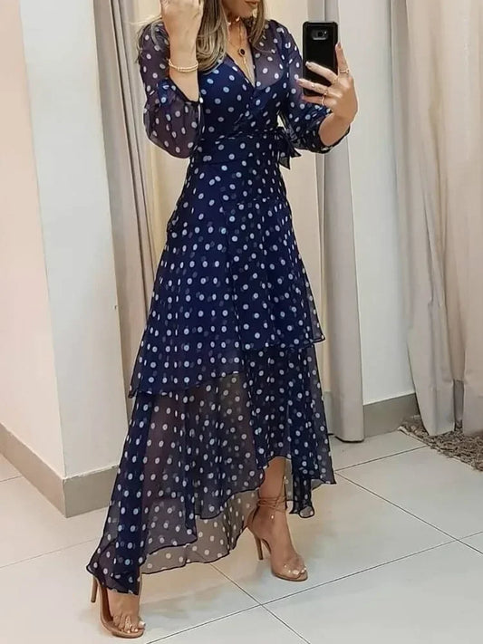 Polkadot Print Layered Ruffles Maxi Dress Elegant Maxi Dress for Women