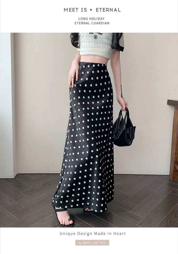 Polka Dot Satin Skirt Women's High Waist Versatile Elegant Dot Long Skirt