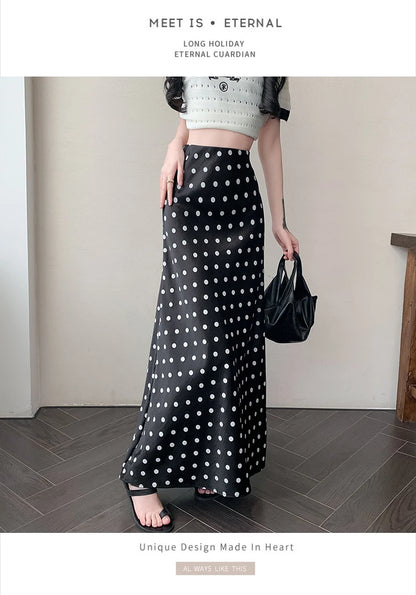 Polka Dot Satin Skirt Women's High Waist Versatile Elegant Dot Long Skirt