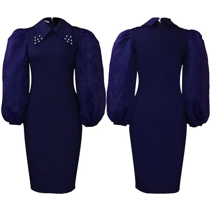 Elegant Office Dress fro Women Professional Full Sleeve Turn Down Collar Beaded Sheath Package Hips Mid Calf Formal Work Dress