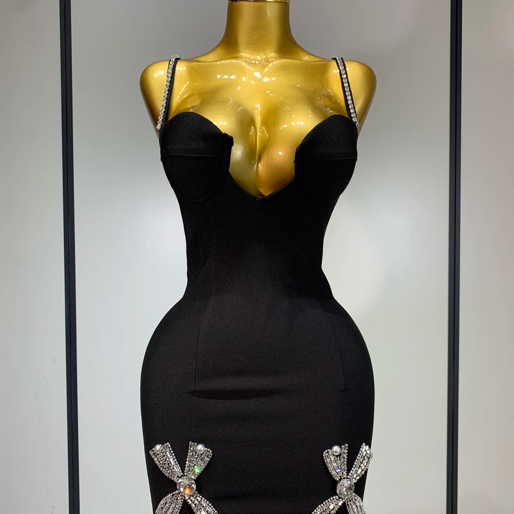 Women Celebrity Sexy V Neck Beading Black Mini Bodycon Bandage Dress